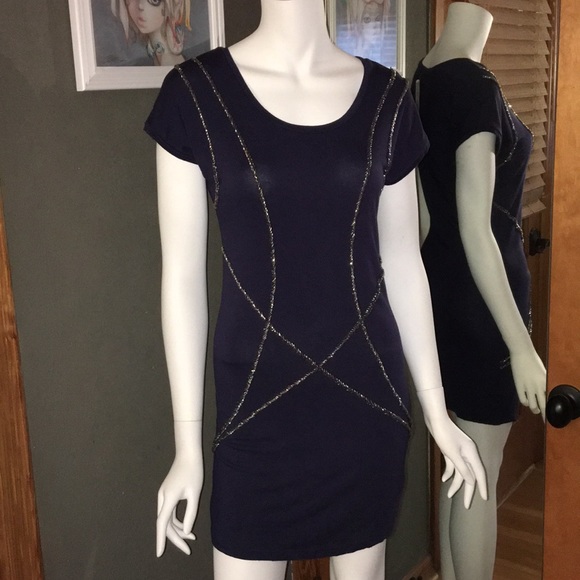NWT Forever 21 Contemporary Navy Blue Embellished Shirt Length Dress Small - Picture 1 of 11